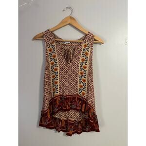 Patrons of Peace Tie Neck Ruffle Hem Floral Tank Top Size XS Feminine Flowy Boho